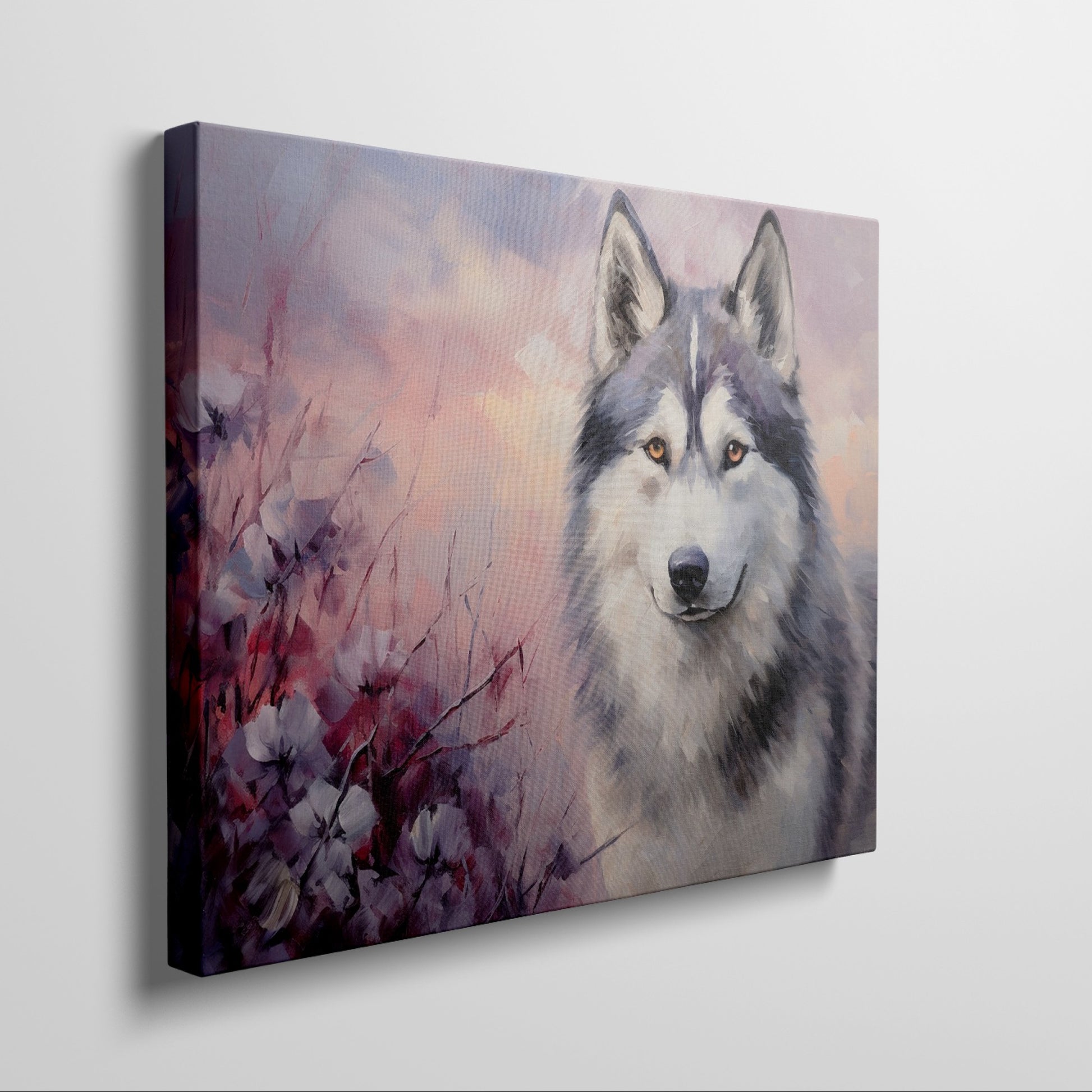 Framed canvas print of a stylised wolf portrait with a pastel floral background and sunset colours