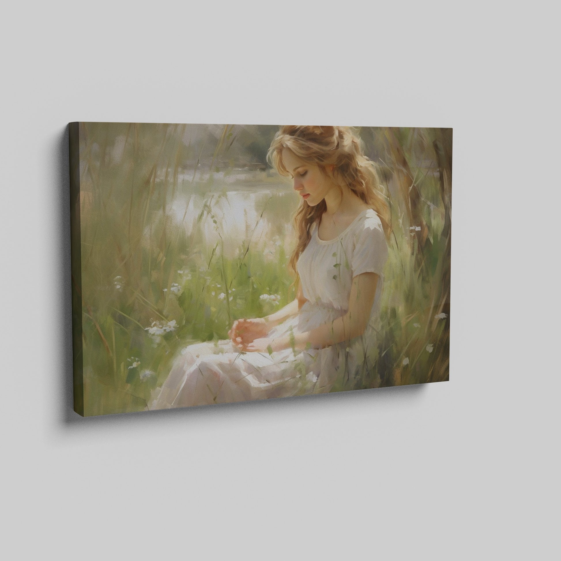 Framed canvas print of an elegant woman in a serene, sunlit meadow