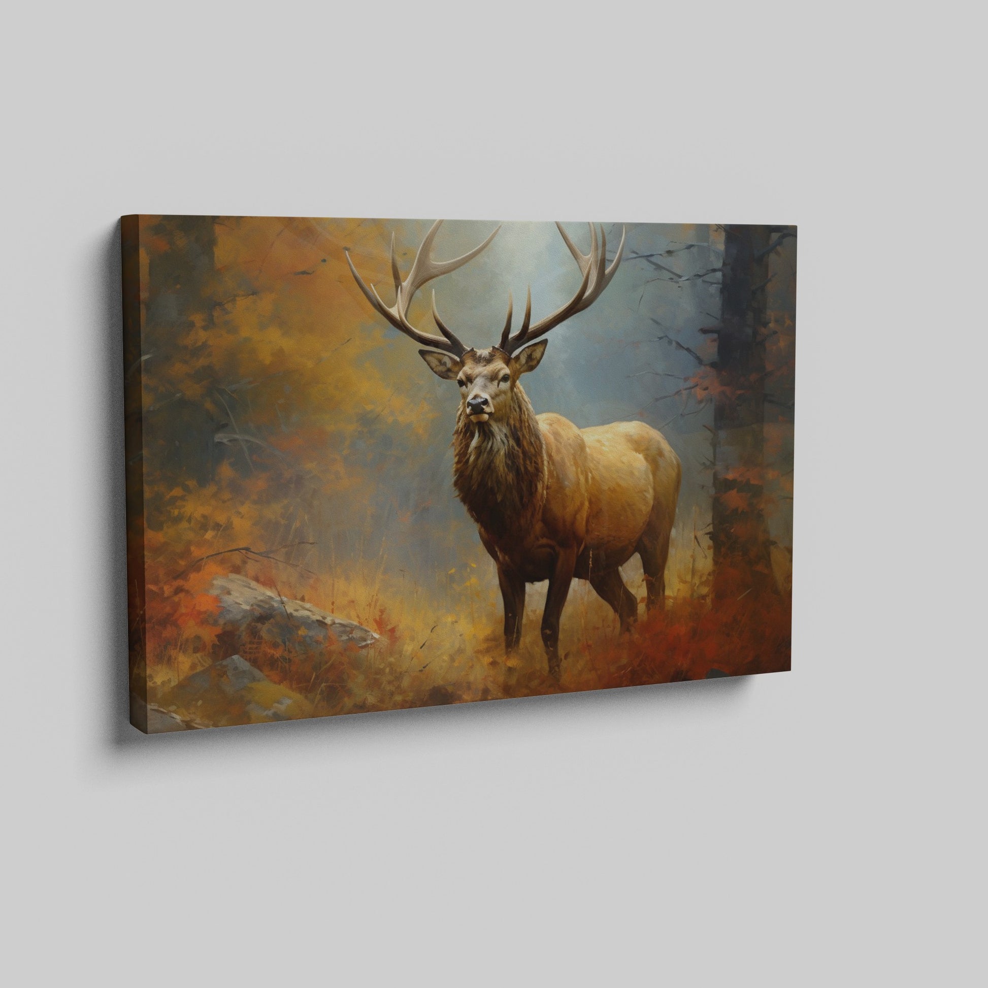 Framed canvas print of a majestic stag standing in an autumn forest with vibrant foliage