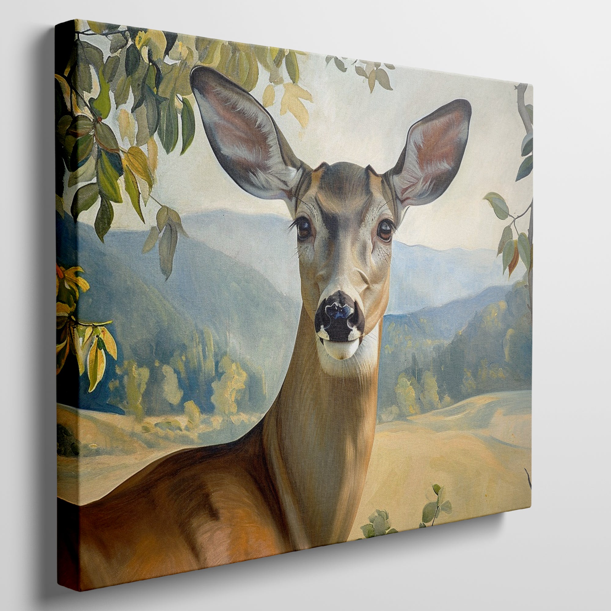 Framed canvas print of a realistic deer in a serene countryside setting with lush foliage