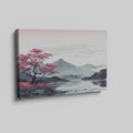 Framed canvas print of an oriental cherry blossom beside a reflective lake with mountain backdrop