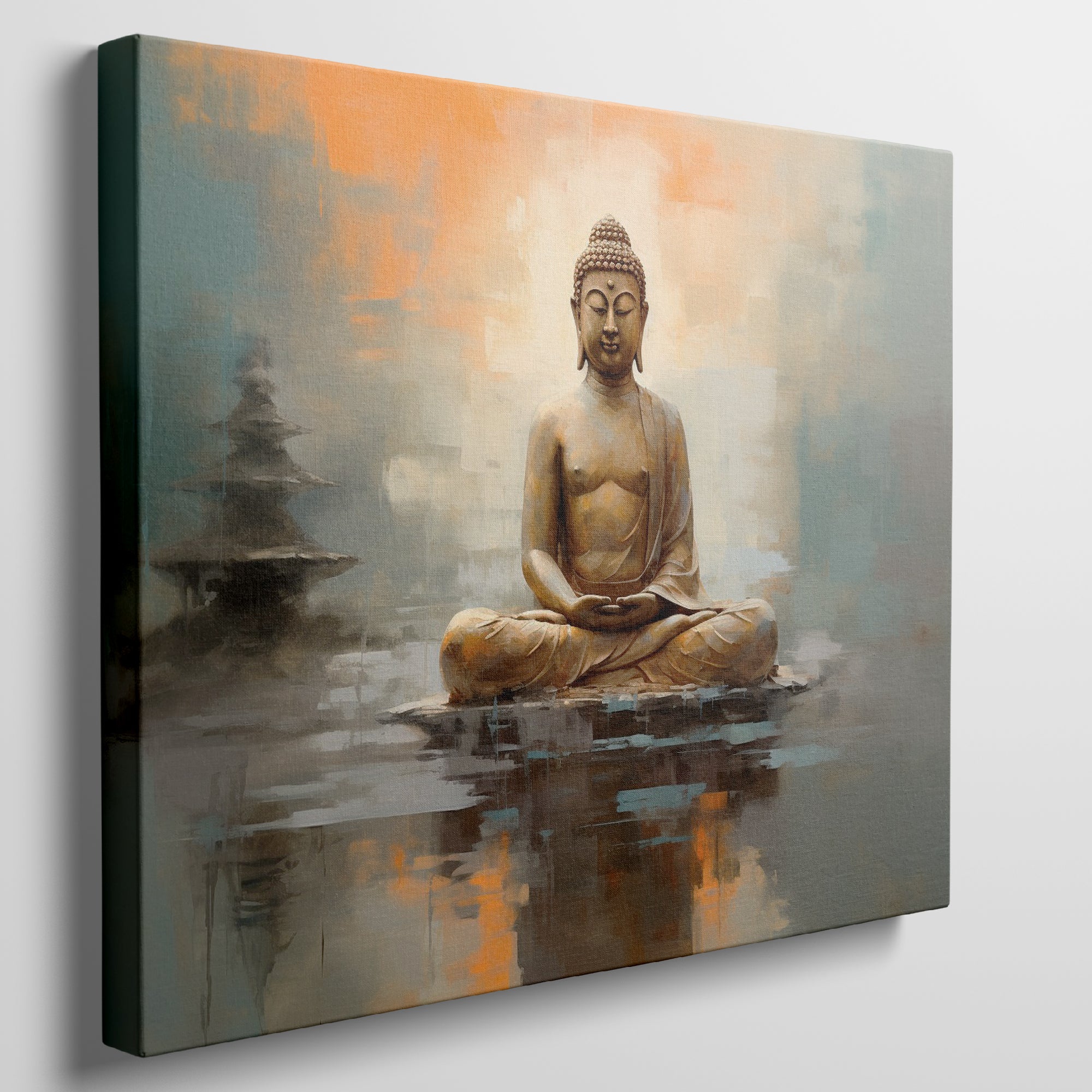 Framed canvas print of a serene Buddha in meditation with warm orange and soft blue abstract background