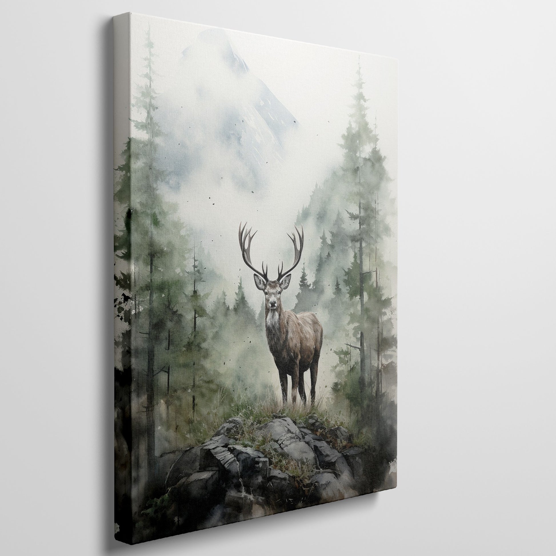 Framed canvas print of a majestic stag set against watercolour misty mountains and a lush forest