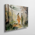 Framed canvas print of two women in traditional Chinese attire walking through an autumnal watercolor forest