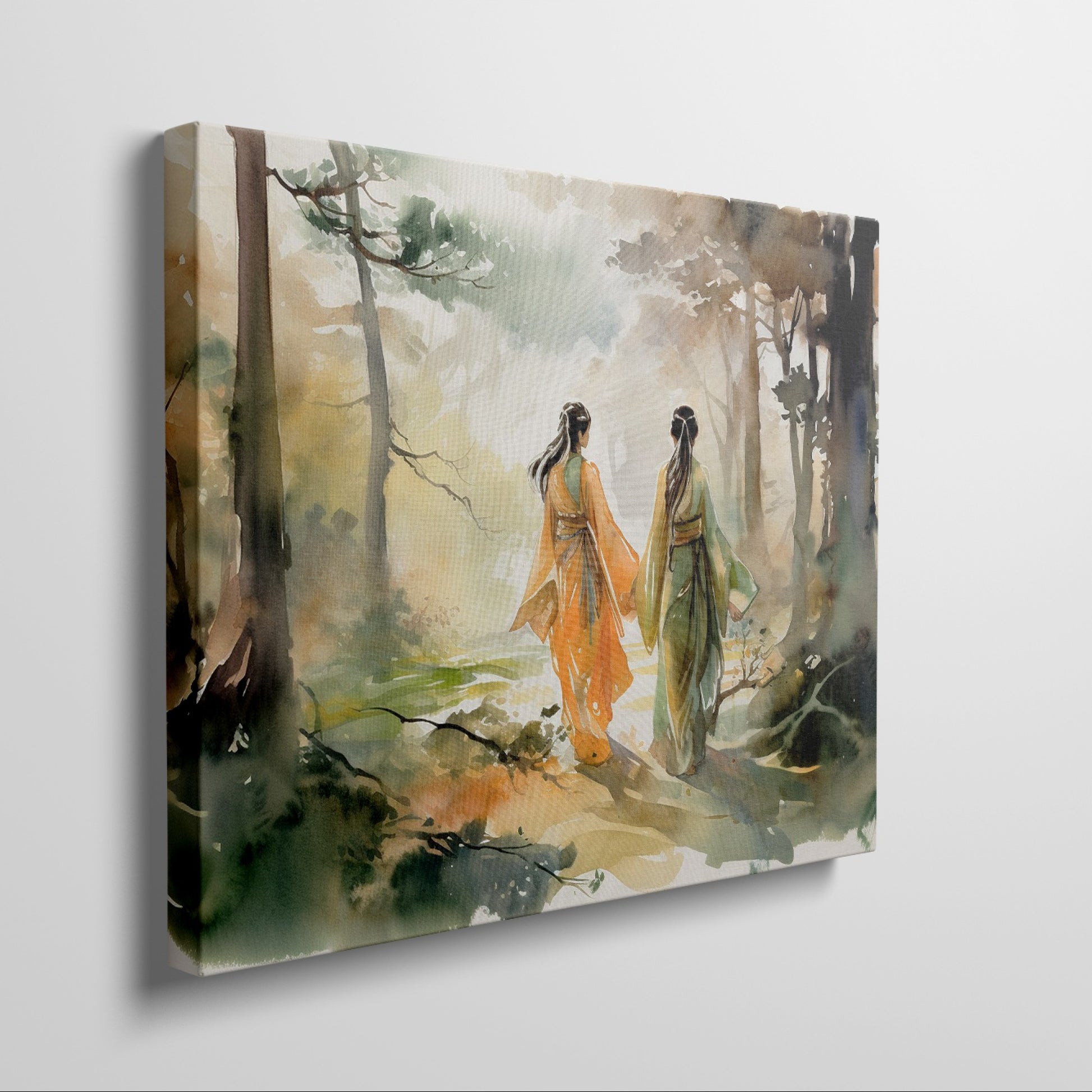 Framed canvas print of two women in traditional Chinese attire walking through an autumnal watercolor forest