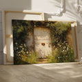 Framed canvas print of a rustic wooden door surrounded by an overgrown floral garden