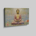 Framed canvas print of a serene Buddha in meditative pose with lotus flowers and reflective water