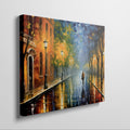 Framed canvas print of a rainy city street scene with vibrant colours and reflections