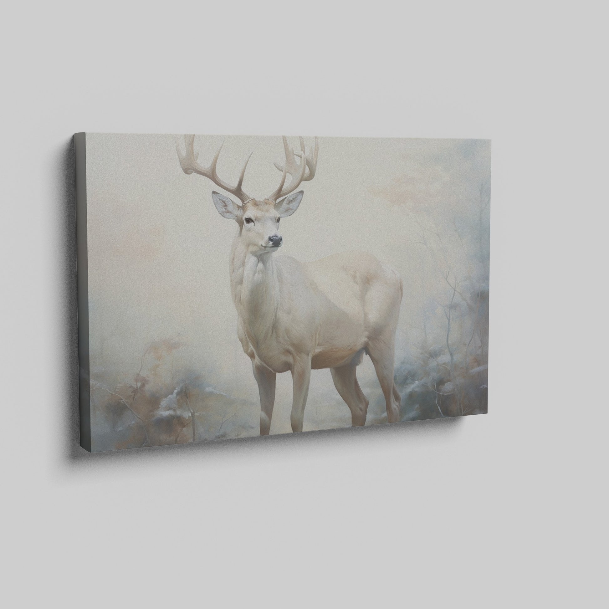 Framed canvas print of a majestic stag in a foggy autumn forest with neutral and warm tones