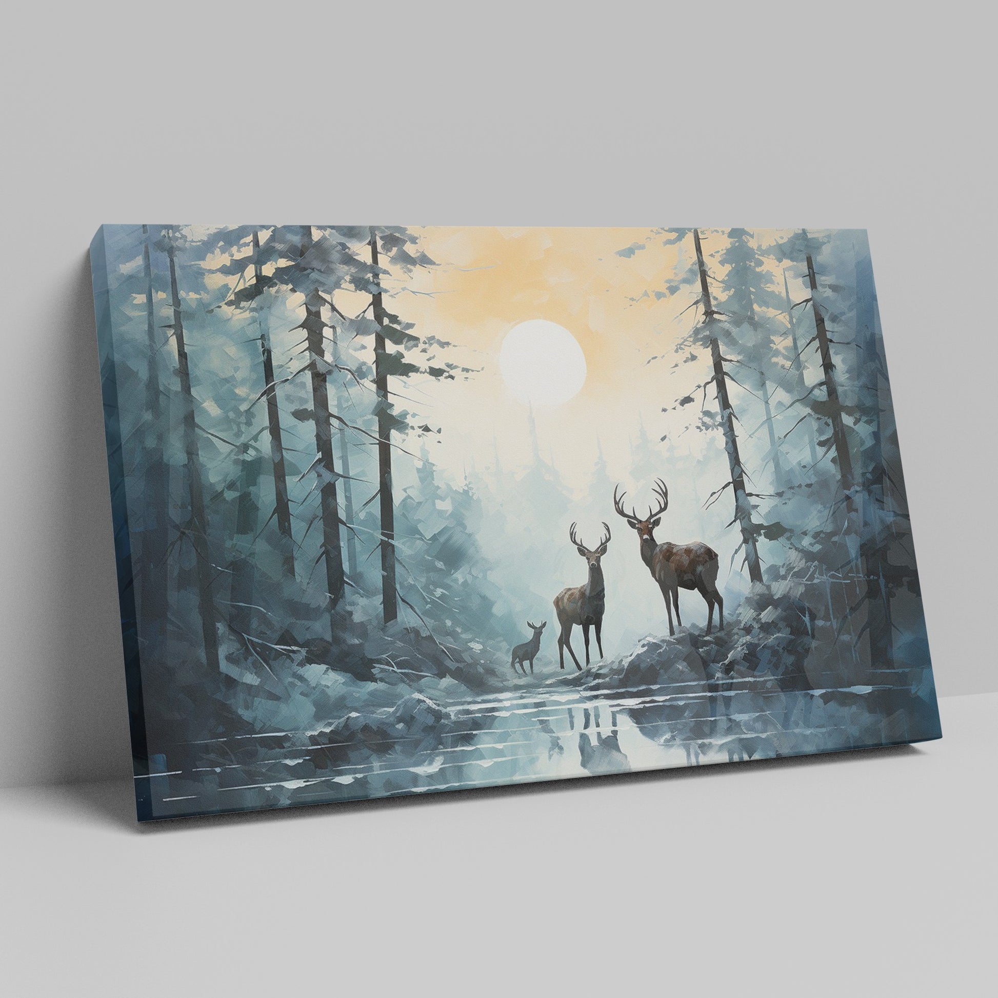 Framed canvas print of a serene forest scene with deer and sunset reflection