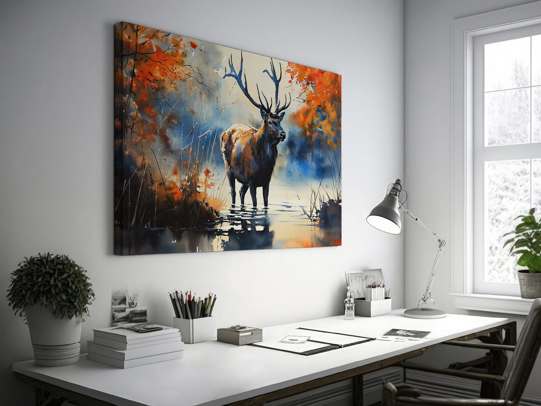 Framed canvas print of a stag in an autumnal setting with vibrant watercolour effects