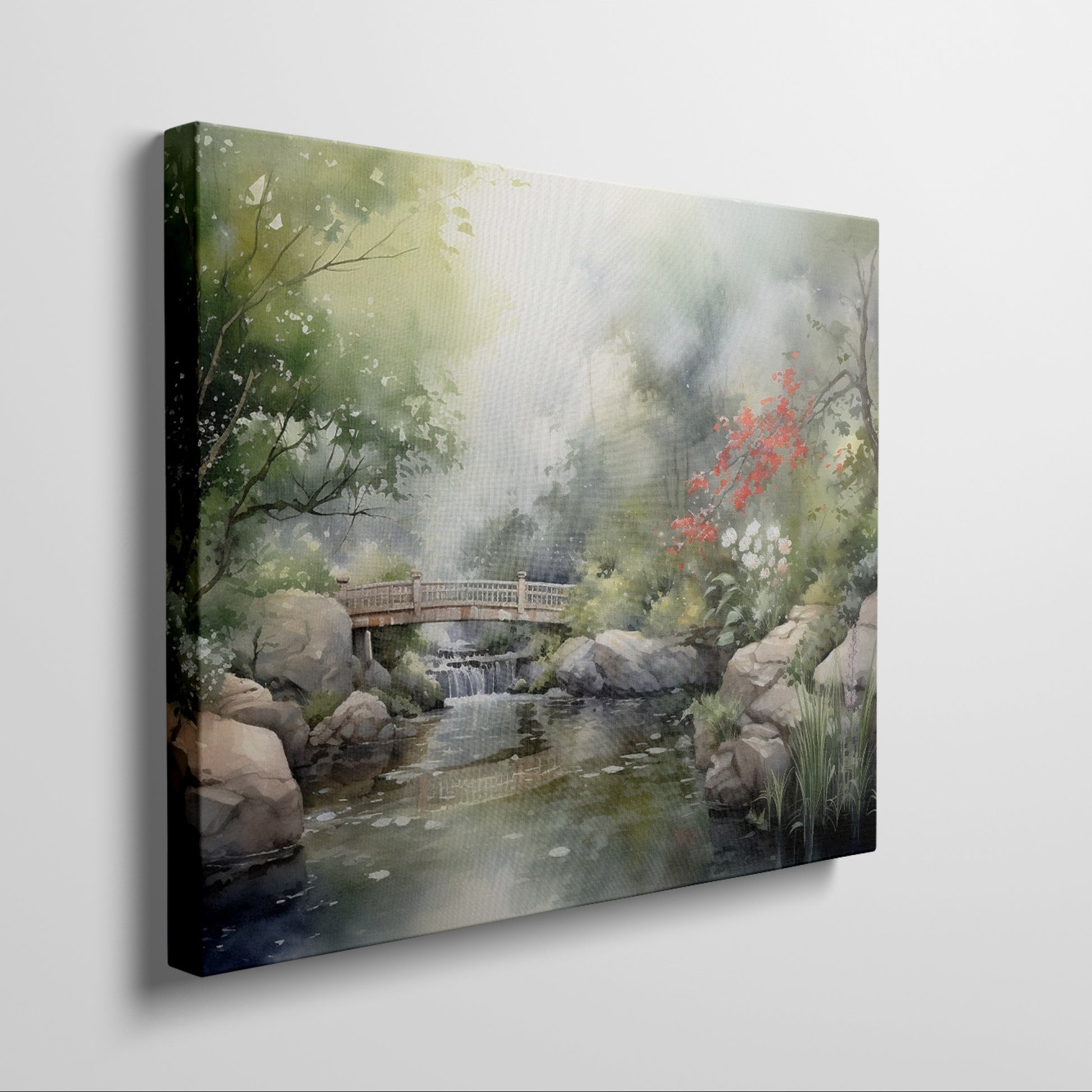 Framed canvas print of a serene Japanese garden with a bridge, waterfall, and flowers