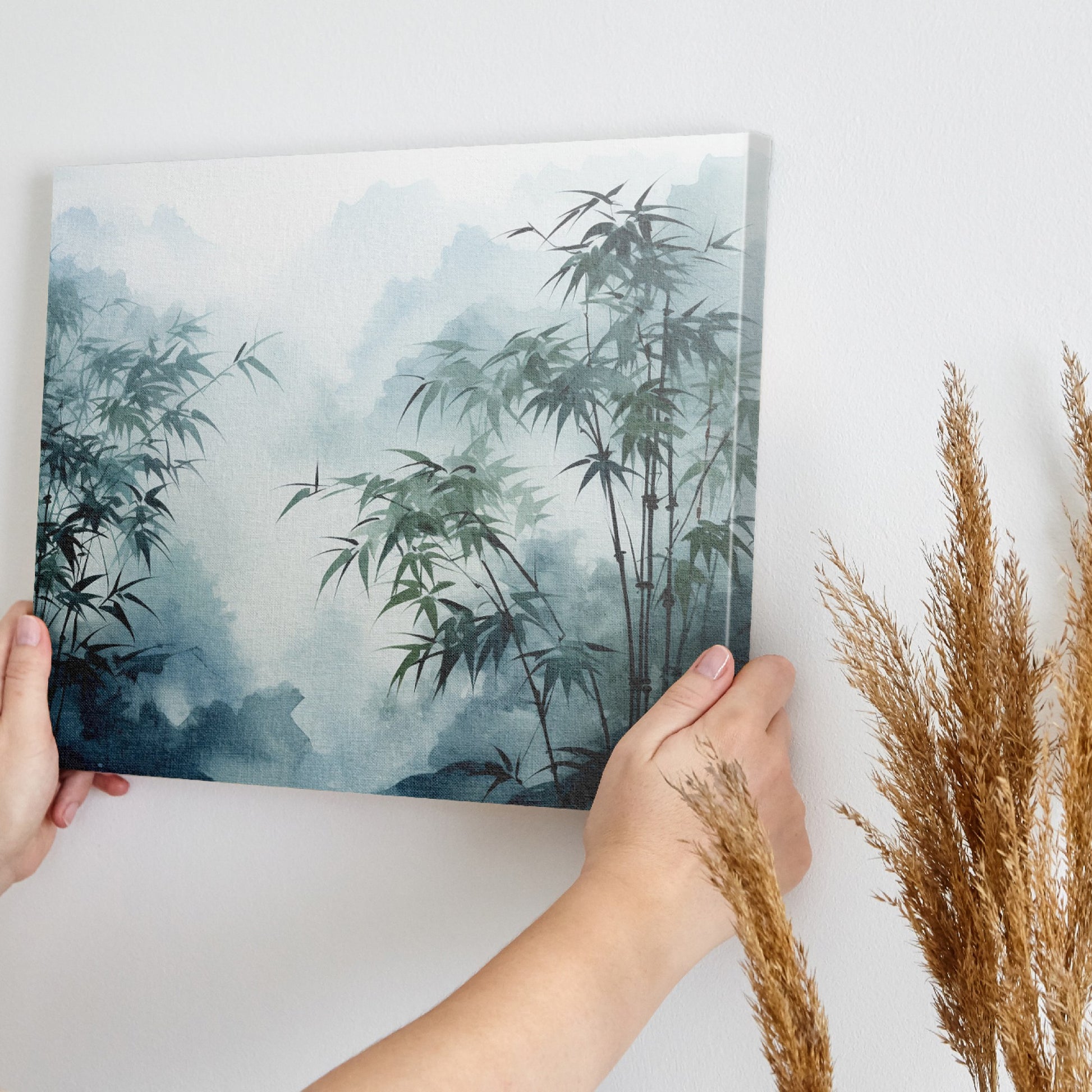 Framed canvas print of misty bamboo grove with mountains in the background