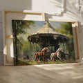 Framed canvas print of impressionist painting with rustic carousel, horses amidst poppies in countryside.