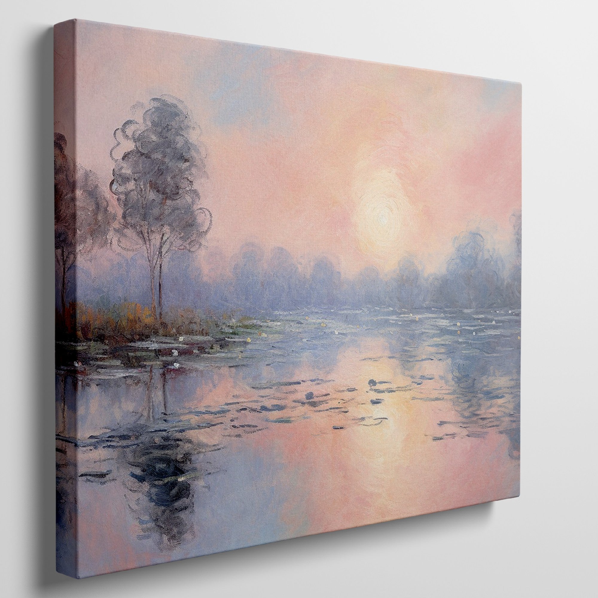 Framed canvas print of an impressionist painting depicting a serene lakeside sunrise with pastel pink and blue hues