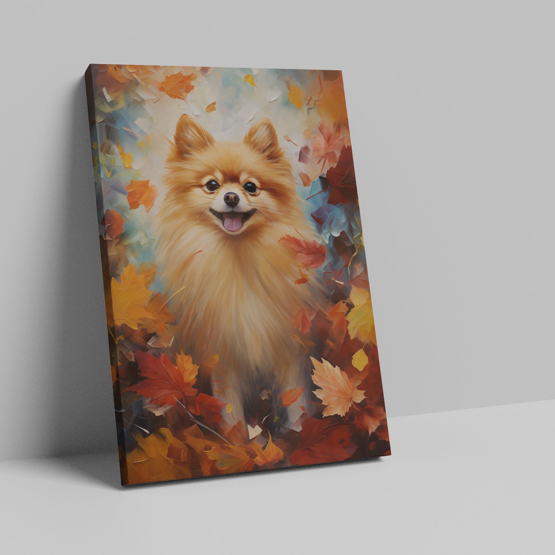 Framed canvas print of a cheerful Pomeranian amidst a vibrant display of autumn leaves