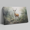 Framed canvas print of a majestic stag in a misty, ethereal forest with earthy tones