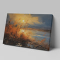 Framed canvas print of impressionist sunset with vivid brushstrokes in golden and blue