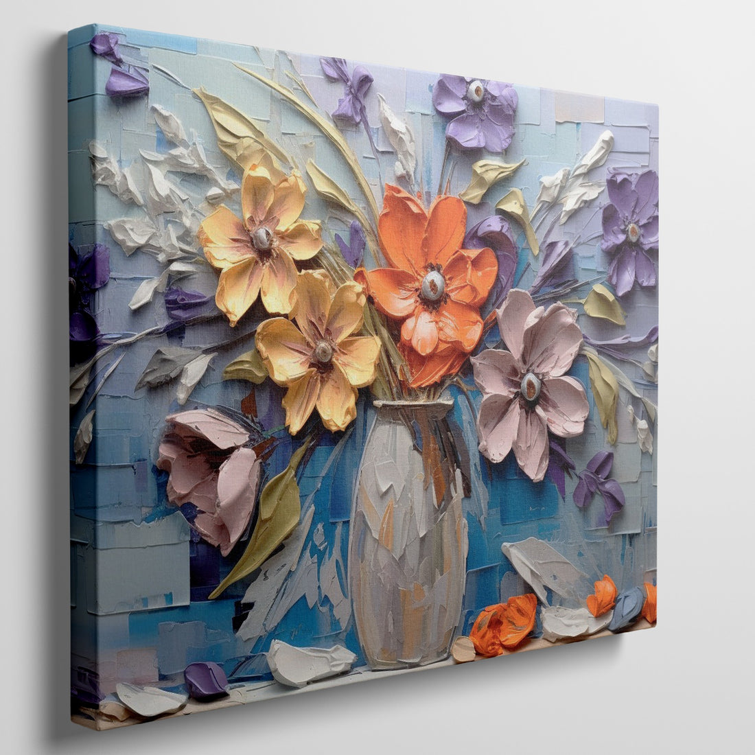 Framed canvas print of embossed and textured colourful flowers in impasto style