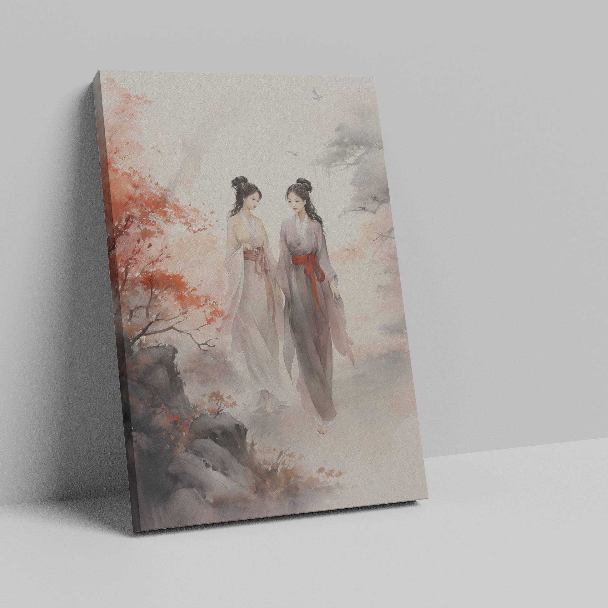 Framed canvas print of two traditional Chinese ladies in an autumnal landscape with red maples