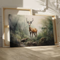 Framed canvas print of a majestic stag in a misty, ethereal forest with earthy tones