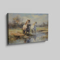 Framed canvas print of two horses by a creek in an impressionist style with warm autumn hues