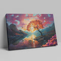 Framed canvas print of a vibrant autumnal landscape with sunset, serene lake, and colourful tree