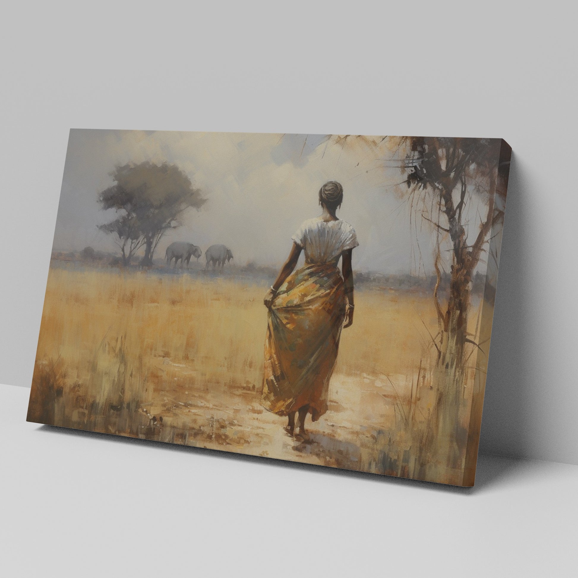 Framed canvas print of an impressionist African Savannah with a woman in traditional dress and elephant herd