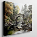 Framed canvas print of a tranquil autumnal scene featuring a rustic stone bridge over a serene river with lush forest in the background