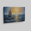 Framed canvas print of an Impressionist painting depicting a sailboat sailing on the ocean at sunset with vivid colours and bold brush strokes