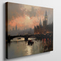 Framed canvas print of London's Westminster and Big Ben at sunset with orange and warm tones reflecting on the Thames River