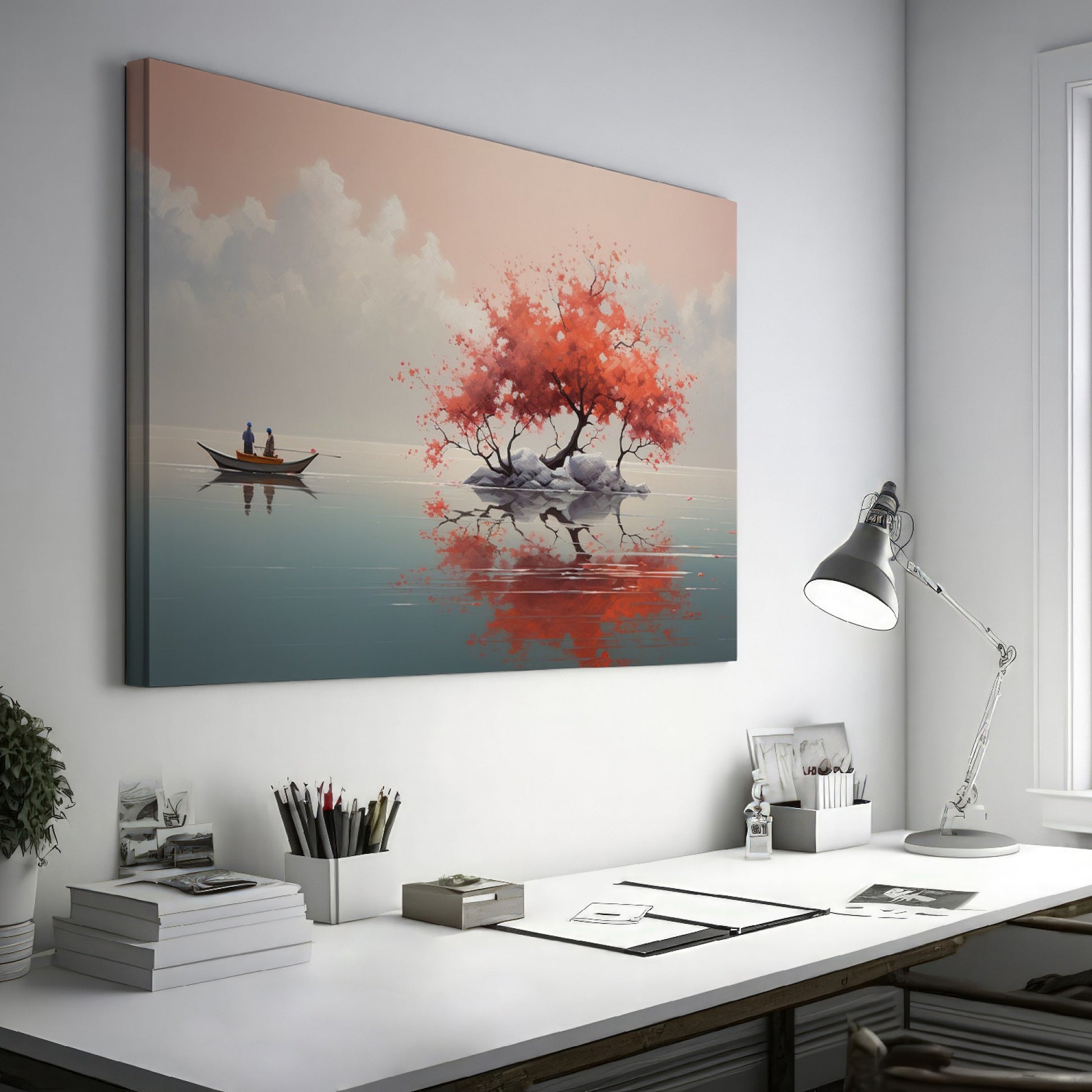 Framed canvas print of a tranquil lake with cherry blossoms and boat