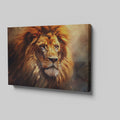 Framed canvas print of a resplendent lion with a fiery mane in earthy tones