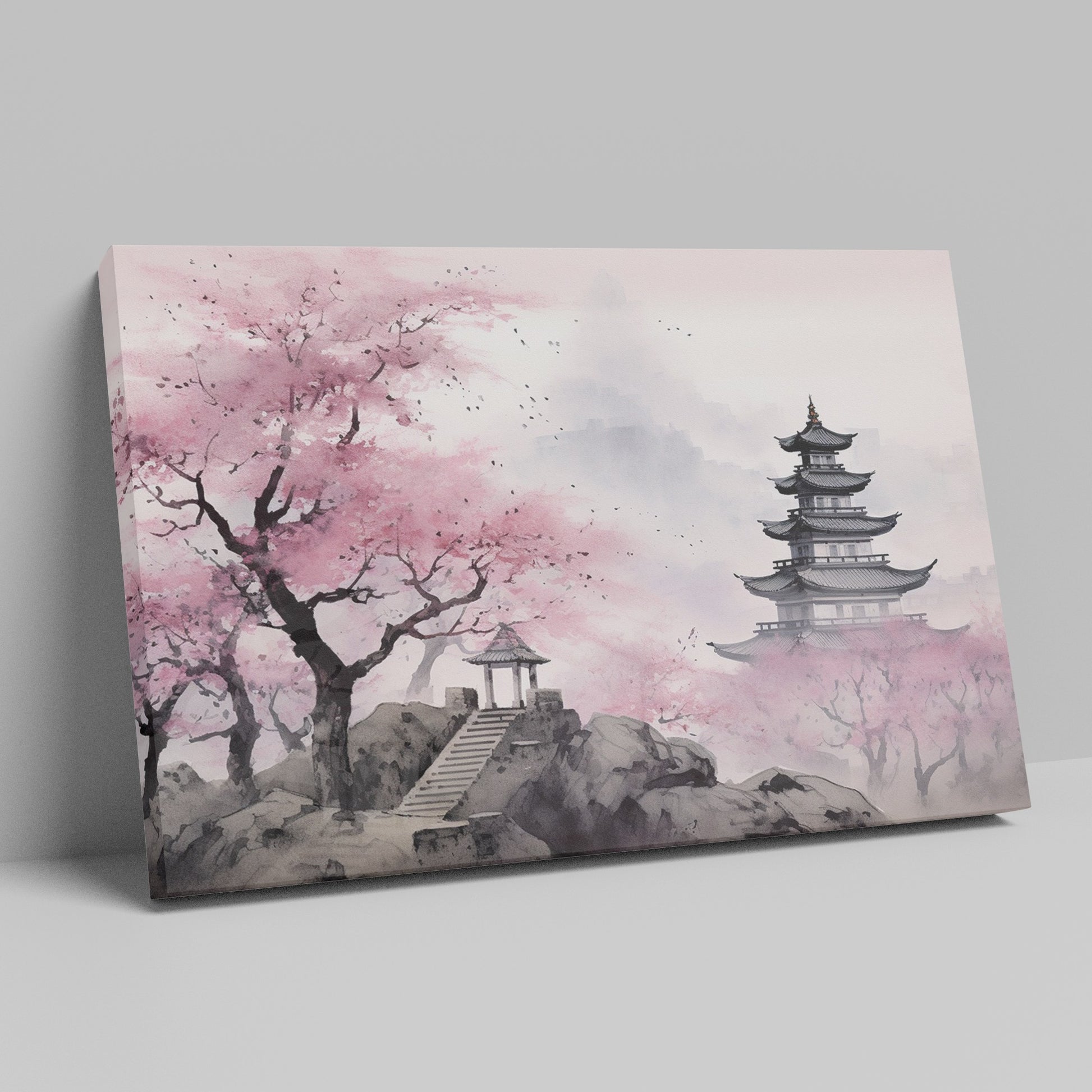 Framed canvas print of Oriental Pagoda in Mist with Cherry Blossoms