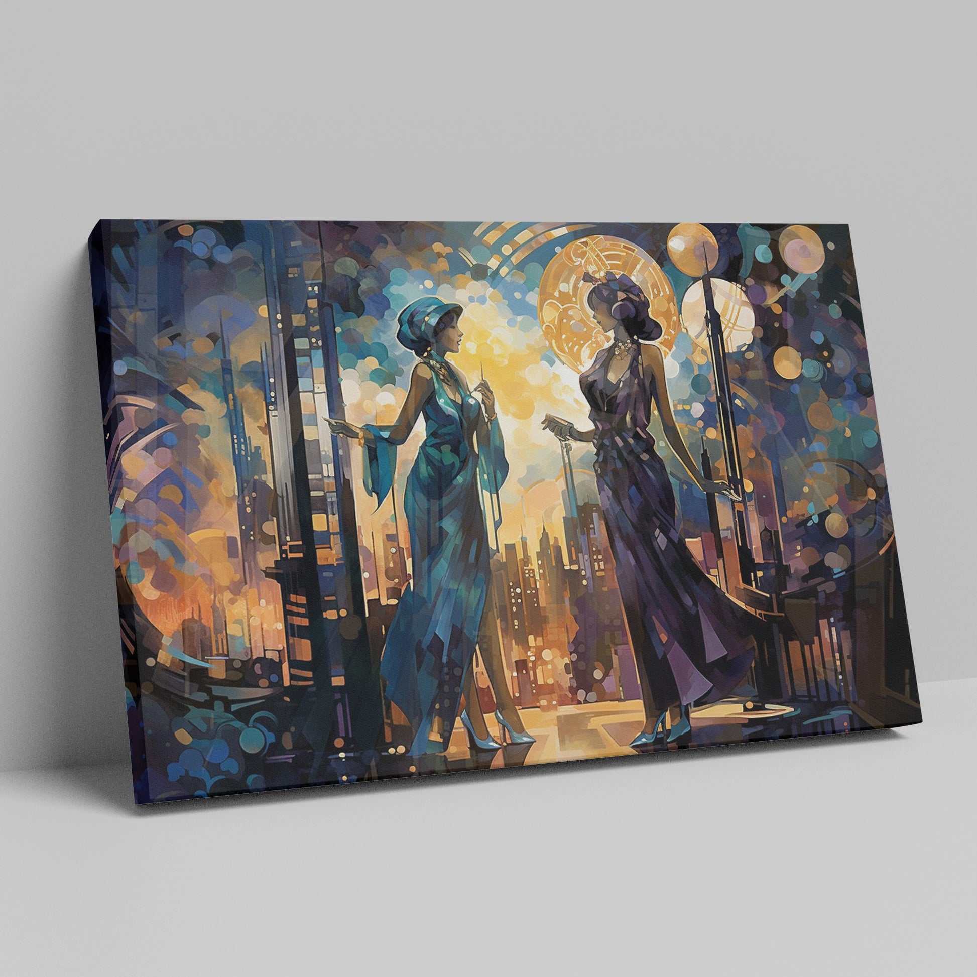 Art Deco-inspired artwork featuring two elegant figures in an urban sunset cityscape