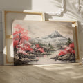 Framed canvas print of a serene landscape with cherry blossoms and a mountain