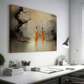 Framed canvas print of monastic figures in saffron robes by a misty river amidst autumn trees