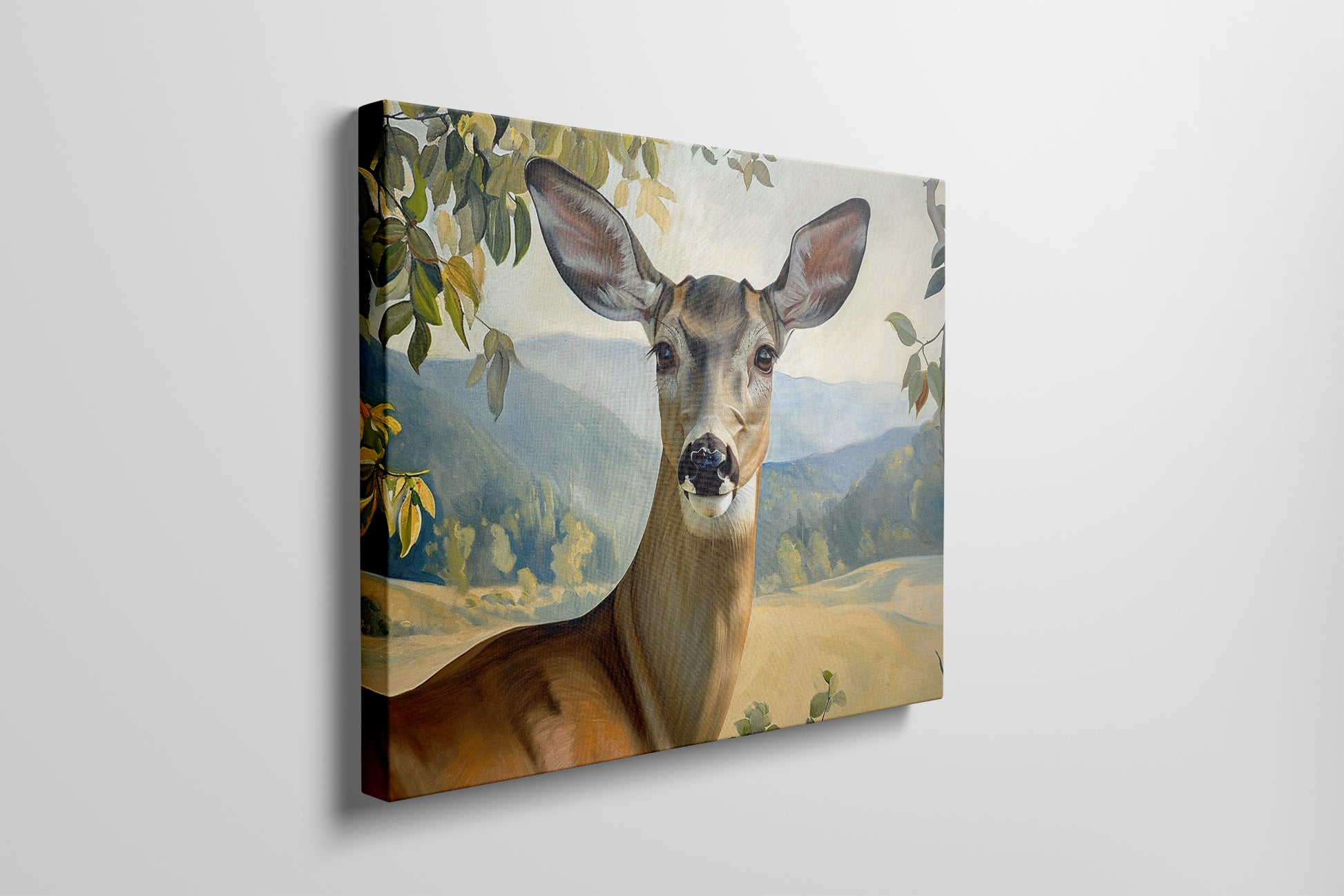 Framed canvas print of a realistic deer in a serene countryside setting with lush foliage