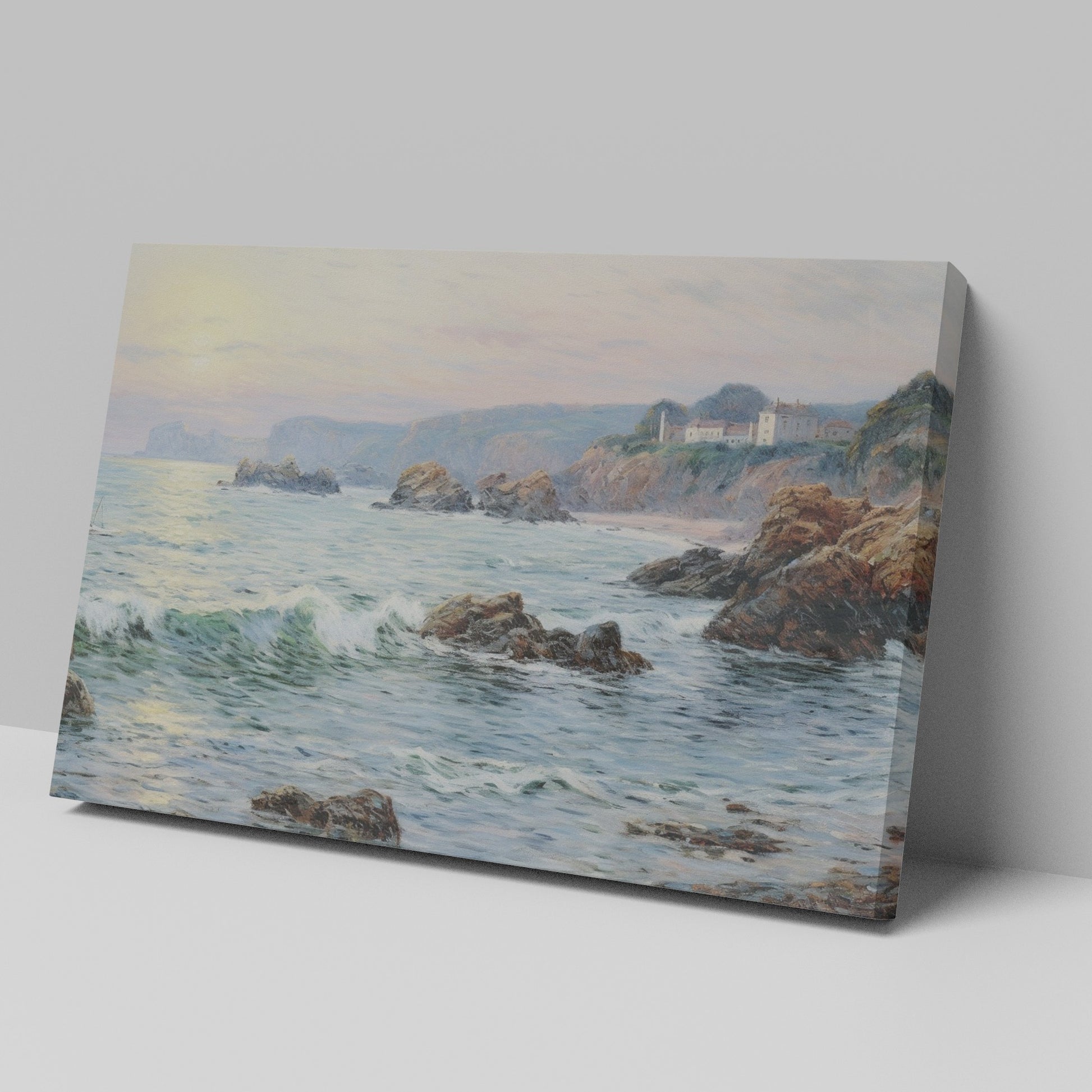 Framed canvas print of a coastal sunset impressionist painting with soft pastel colours and textured ocean waves