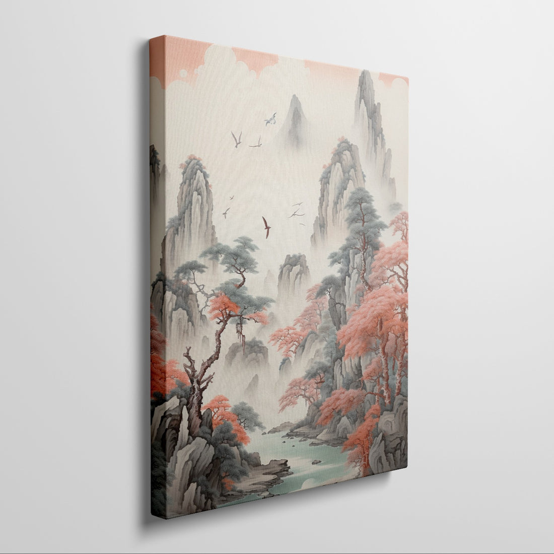 Framed canvas print of Asian mountainous landscape with autumnal trees and birds, in ink painting style