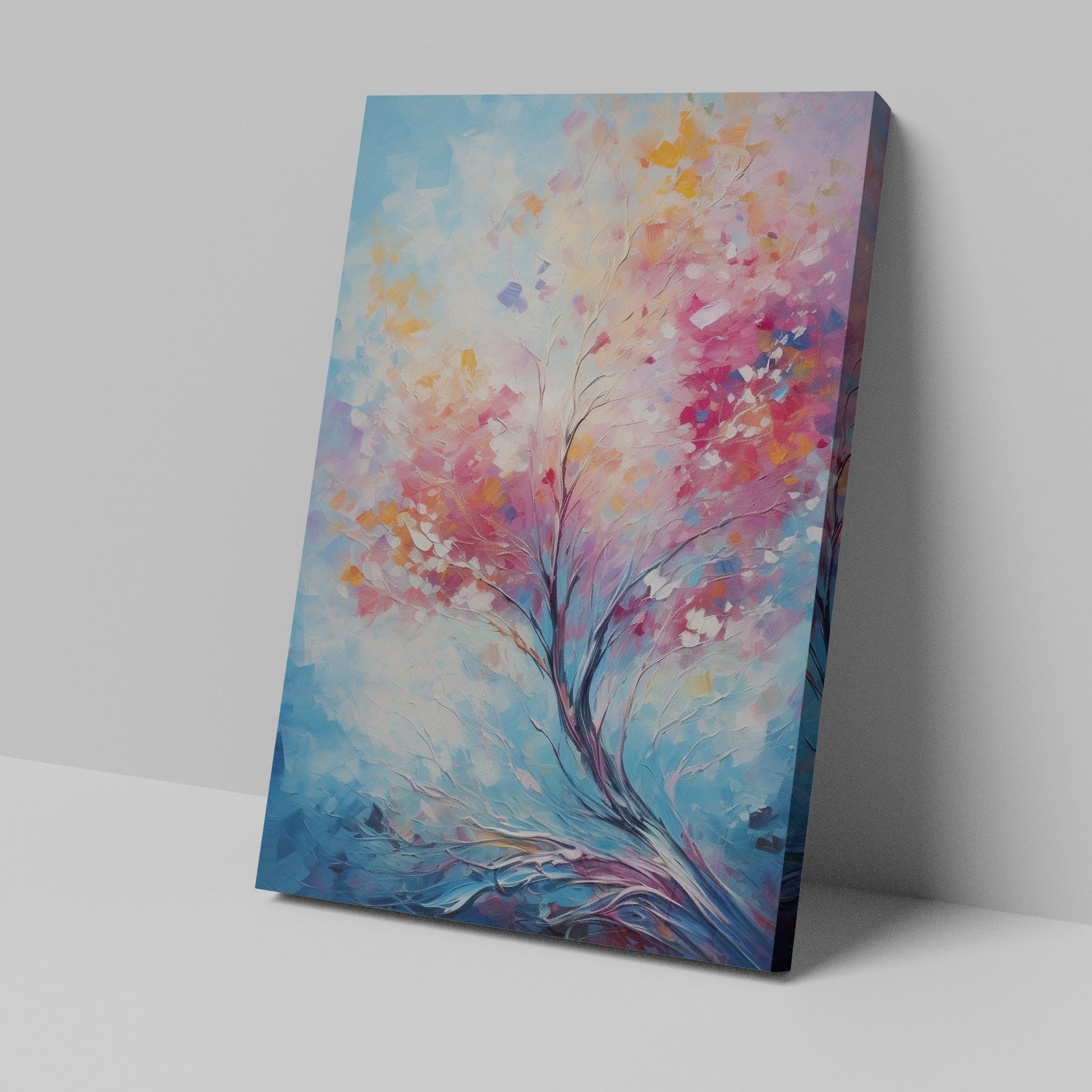 Framed canvas print of an abstract impressionist tree with vibrant pink, orange, and blue colours