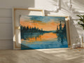 Framed canvas print of a watercolor sunset landscape with reflections over a calm lake