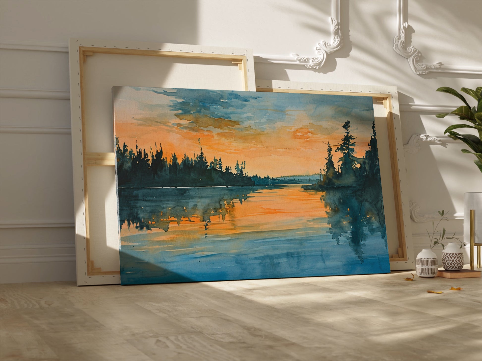 Framed canvas print of a watercolor sunset landscape with reflections over a calm lake