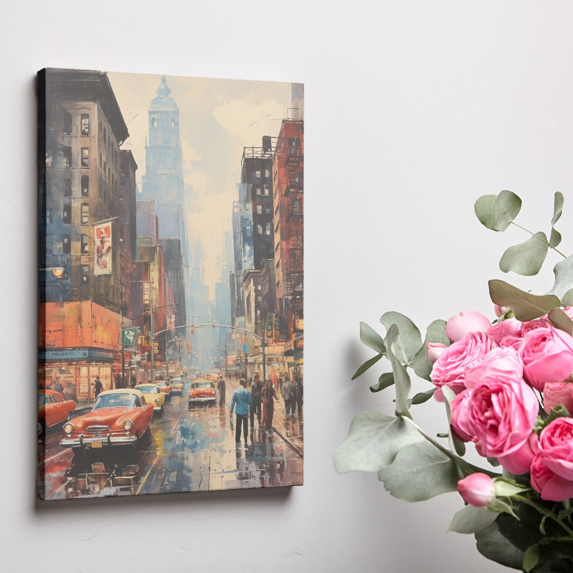 Framed canvas print of a rainy urban cityscape with vintage cars and reflections on the wet street