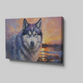 Framed canvas print of an impressionistic Siberian Husky with a vibrant sunset