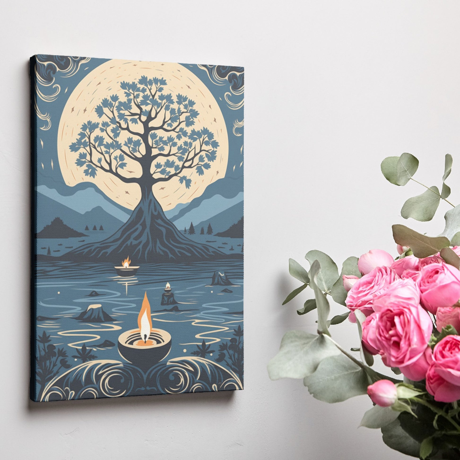 Framed canvas print of a stylised tree against a golden moon with decorative flames and a serene waterscape