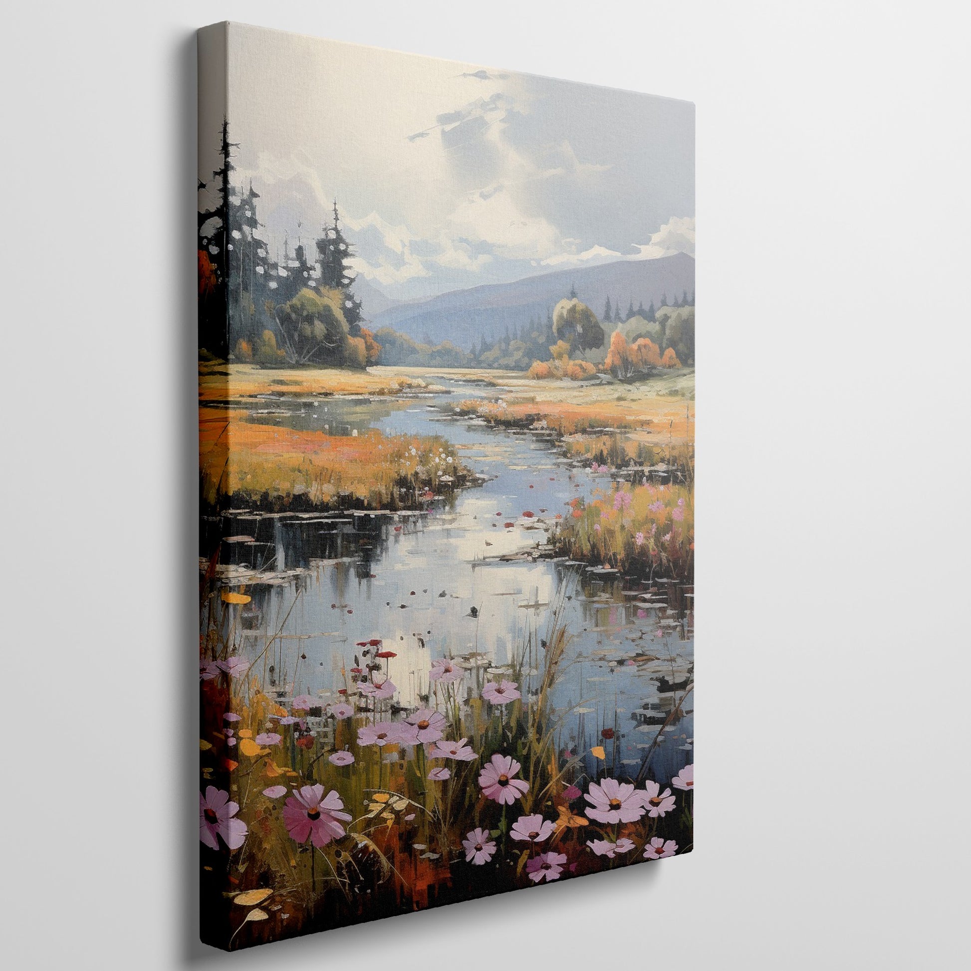 Framed canvas print of an autumnal river landscape with vibrant wildflowers and a tranquil woodland stream