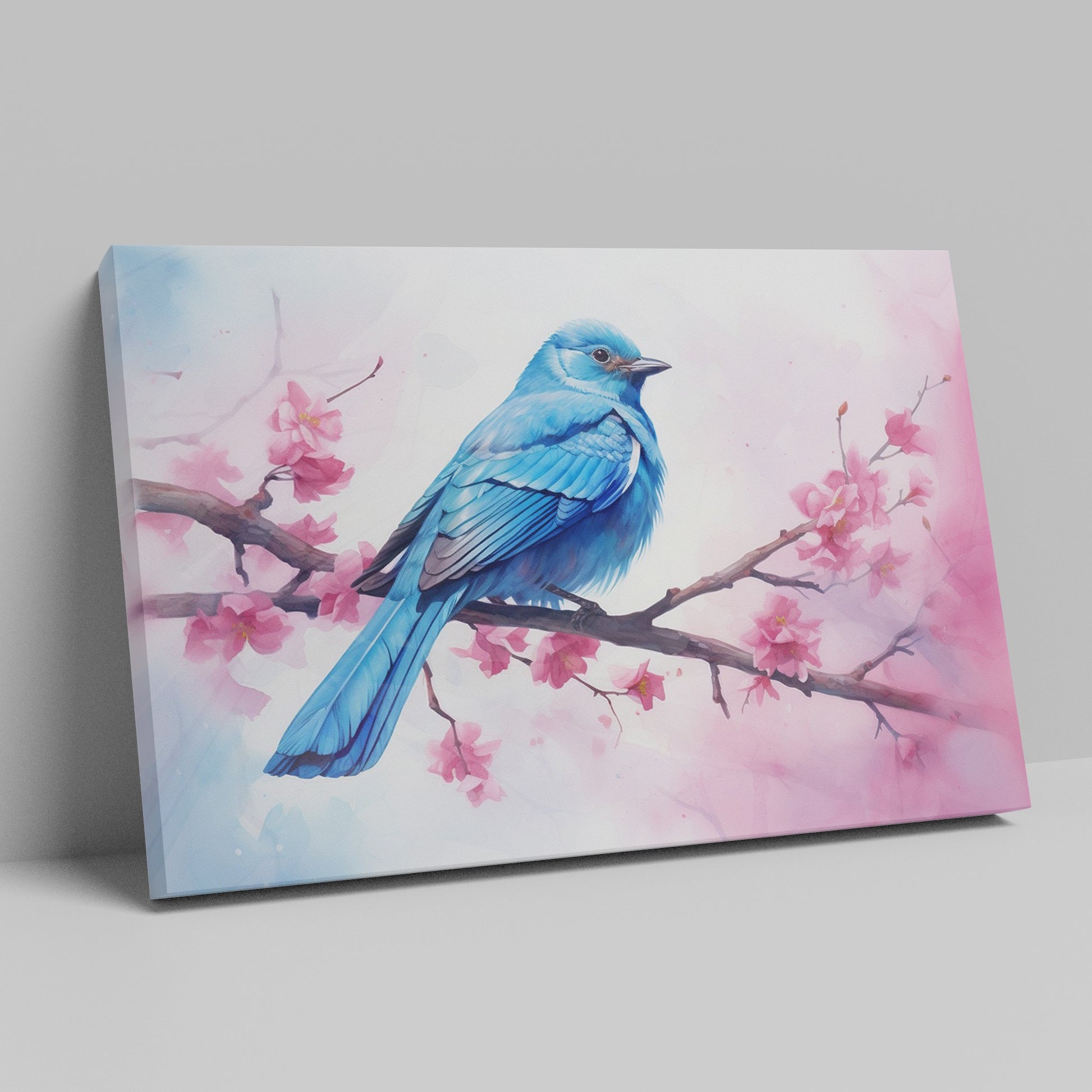 Framed canvas print of a bluebird and cherry blossoms in pastel watercolour