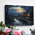 Framed canvas print of a tranquil rural cottage scene at dusk with reflections in a stream