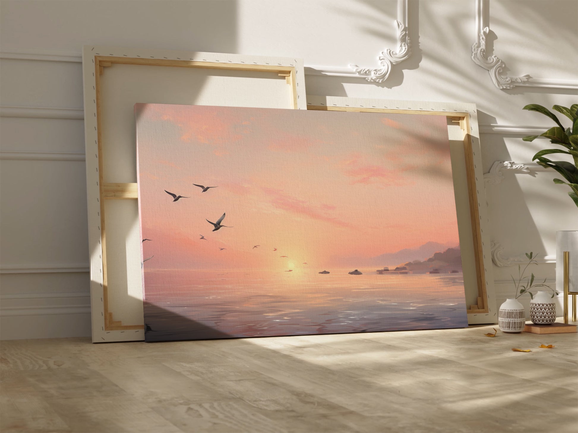 Framed canvas print of a serene seascape at sunset with flying birds and calm ocean waters